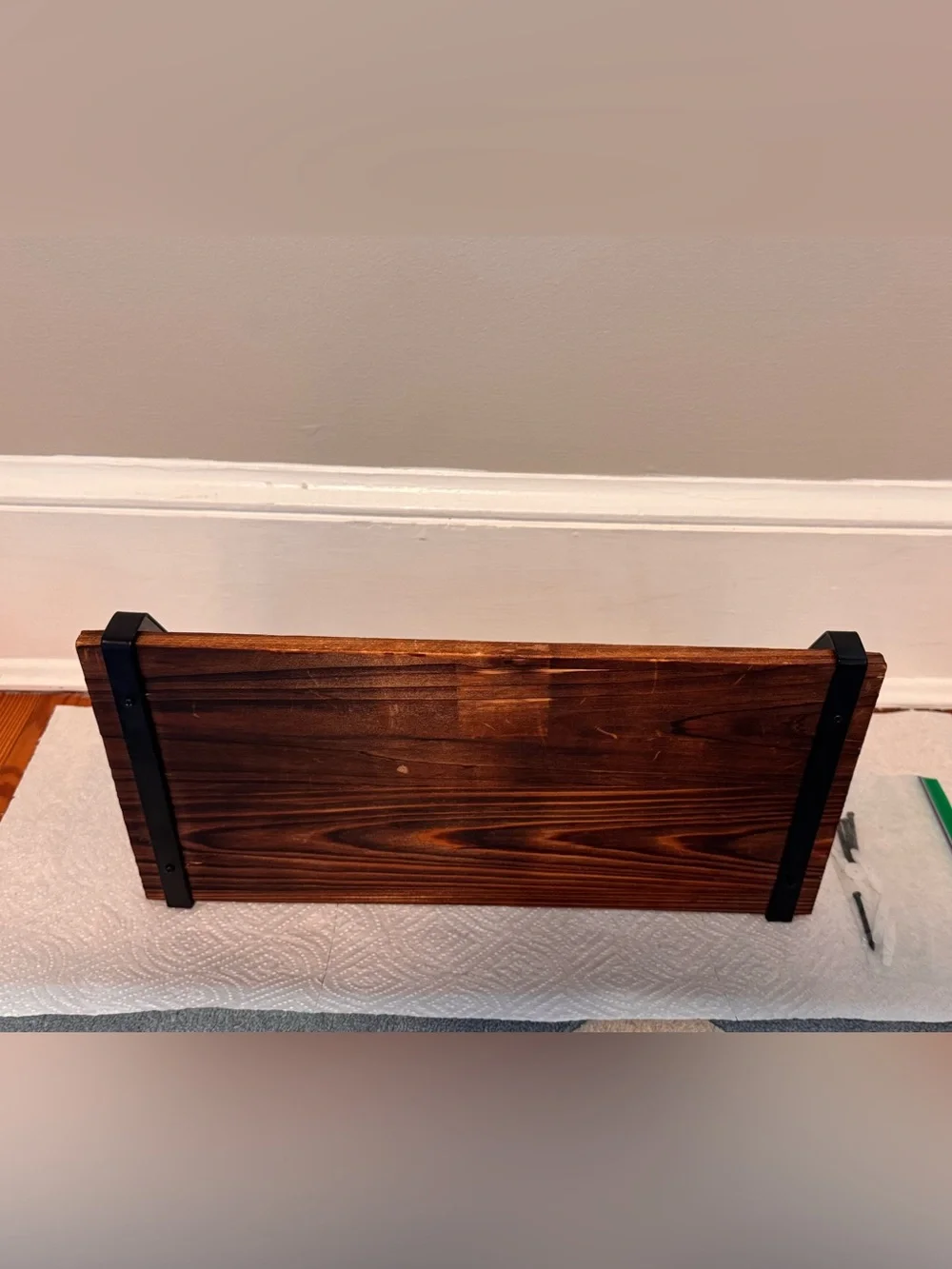 Rustic Dark Wood Floating Shelf with Black Brackets